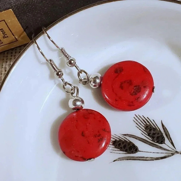 Handcrafted Silver and Red Magnesite Gemstone Puffed Coin Dangle Earrings - Picture 5 of 7
